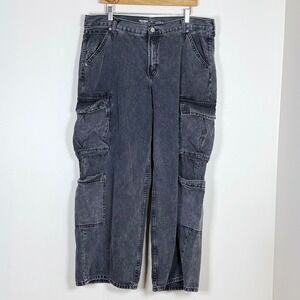 Old Navy Womens Mid Rise Baggy Wide Leg Cargo Jeans Size 16 Washed Black Utility